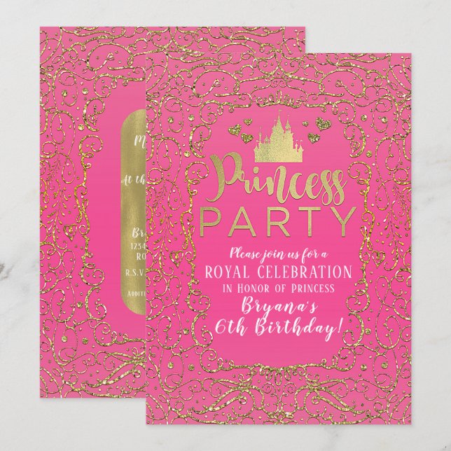 Hot Pink & Gold Castle PRINCESS PARTY Birthday Invitation (Front/Back)