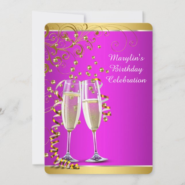 Hot Pink Gold Champagne Birthday Party Invitation (Front)