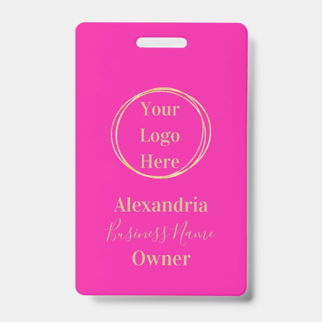 Hot Pink Gold Custom Business ID Employee Name Badge (Front)