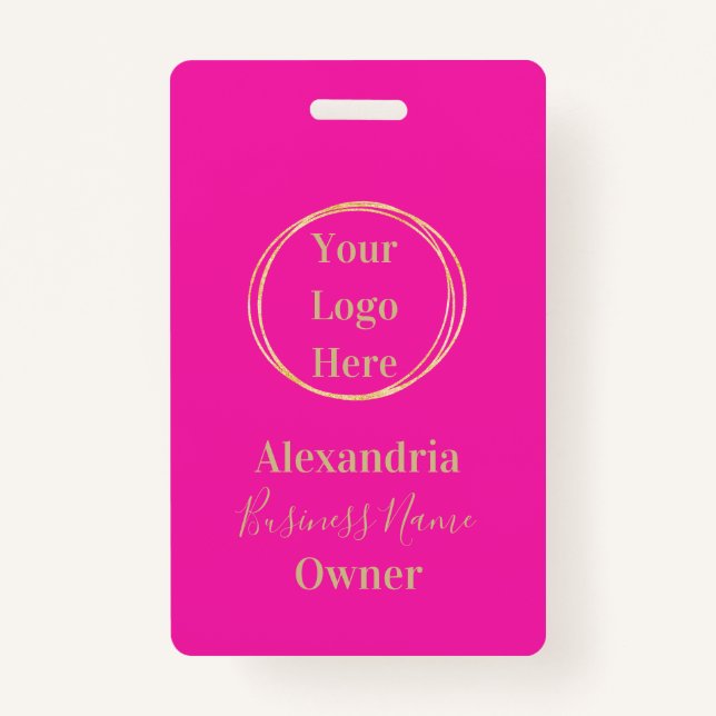 Hot Pink Gold Custom Business ID Employee Name ID Badge (Front)