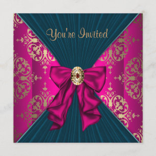 Hot Pink Gold Damask Black Tie Party Invitation