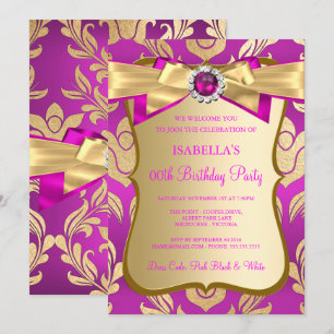 Hot Pink Gold Damask Bow Birthday Party Invite