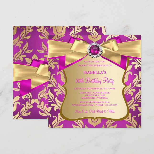 Hot Pink Gold Damask Bow Birthday Party Invite 2 (Front/Back)