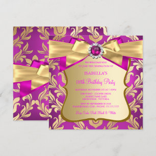 Hot Pink Gold Damask Bow Birthday Party Invite 2