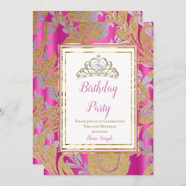 Hot Pink Gold Damask Grey Tiara Birthday Party Invitation (Front/Back)