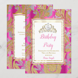 Hot Pink Gold Damask Grey Tiara Birthday Party Invitation