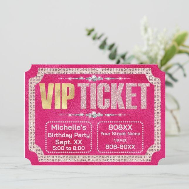 Hot Pink & Gold Diamonds and Glitter Ticket Invitation (Standing Front)