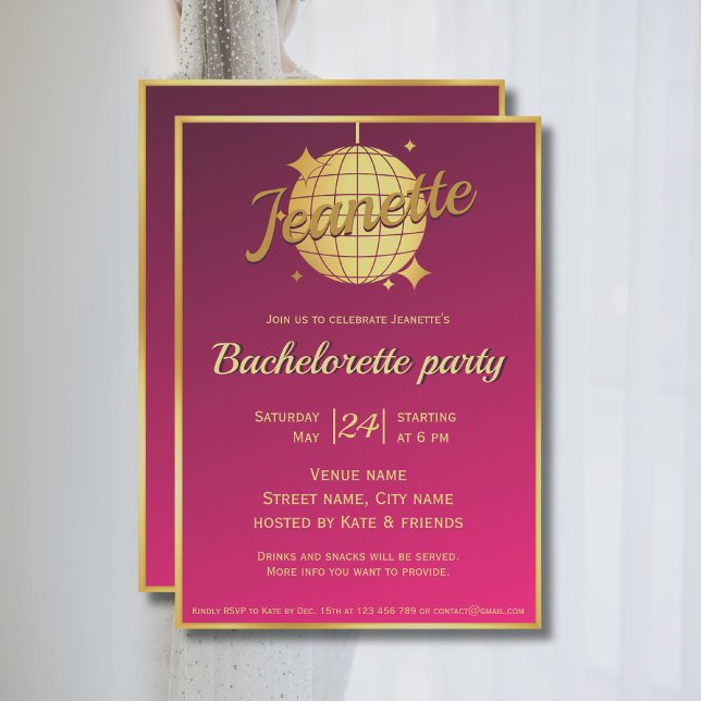 Hot pink gold disco ball bachelorette party  invitation (Creator Uploaded)