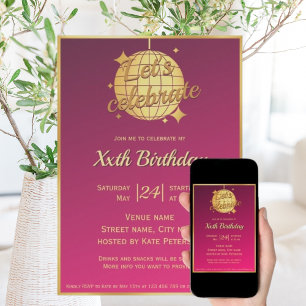 Hot pink gold disco ball birthday party  invitation