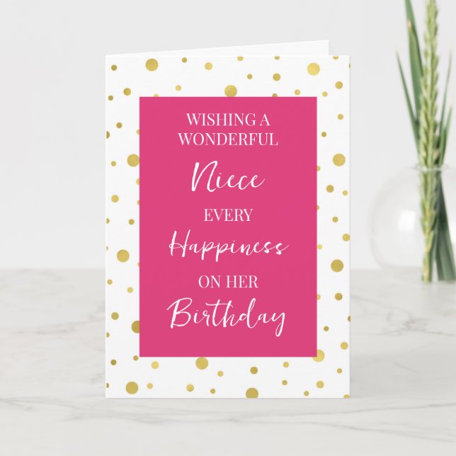 Hot Pink Gold Dots Niece Birthday Card (Front)