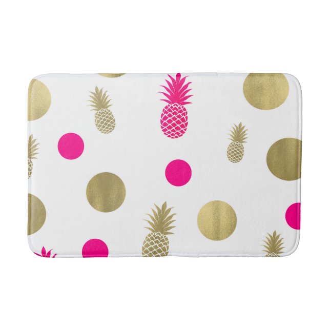 Hot Pink & Gold Dots & Pineapples Fun Summer Chic Bath Mat (Front)