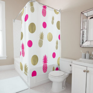 Hot Pink & Gold Dots & Pineapples Fun Summer Chic Shower Curtain
