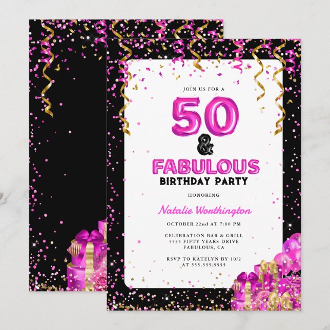 Hot Pink Gold Fifty Fabulous 50th Birthday Invitation (Front/Back)
