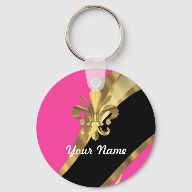 Hot pink & gold fleur de lys key ring (Front)