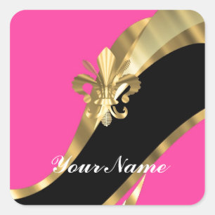 Hot pink & gold fleur de lys square sticker