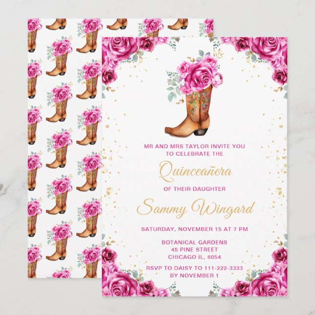 Hot Pink Gold Floral Cowboy Boot Quinceañera Invitation (Front/Back)