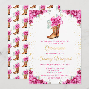 Hot Pink Gold Floral Cowboy Boot Quinceañera Invitation