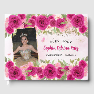 Hot Pink Gold Floral Princess Quinceañera Photo Guest Book