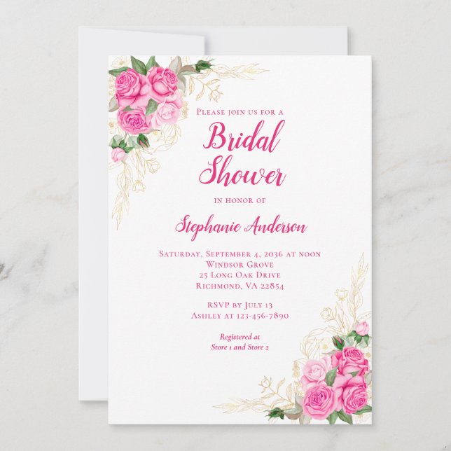 Hot Pink Gold Floral Watercolor Bridal Shower Invitation (Front)