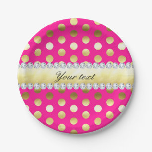 Hot Pink Gold Foil Polka Dots Diamonds Paper Plate
