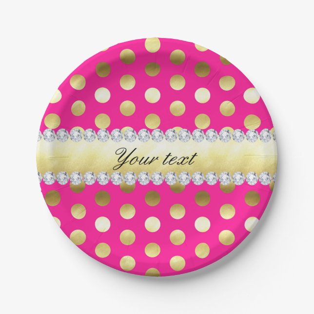 Hot Pink Gold Foil Polka Dots Diamonds Paper Plate (Front)