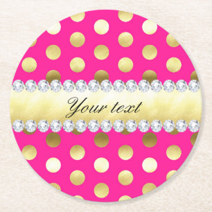 Hot Pink Gold Foil Polka Dots Diamonds Round Paper Coaster