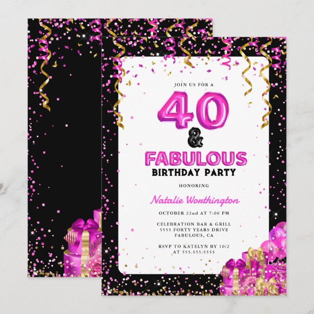Hot Pink Gold Forty Fabulous 40th Birthday Invitation (Front/Back)
