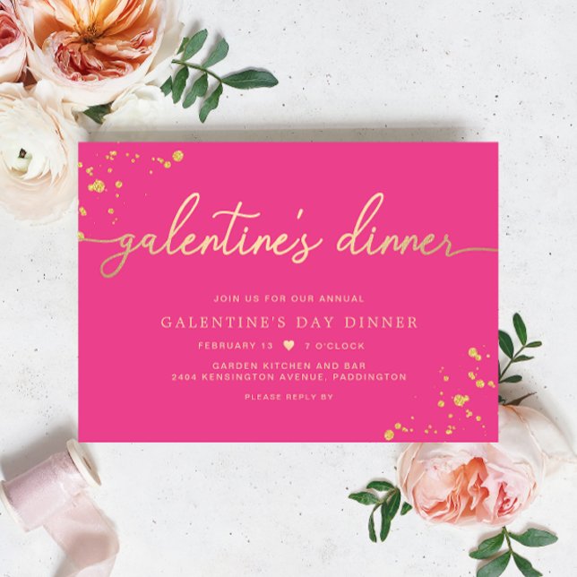 Hot Pink Gold Galentine's Day Dinner Invitation (Galentines Dinner Invitation Hot Pink Paintly Gold )