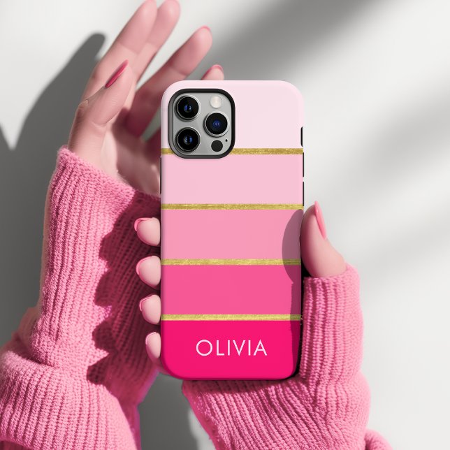 Hot Pink & Gold Girly Personalised Case-Mate iPhone Case (Personalized pink an gold stripe phone case)