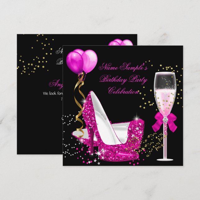 Hot Pink Gold Glitter Black Birthday Party Invitation (Front/Back)