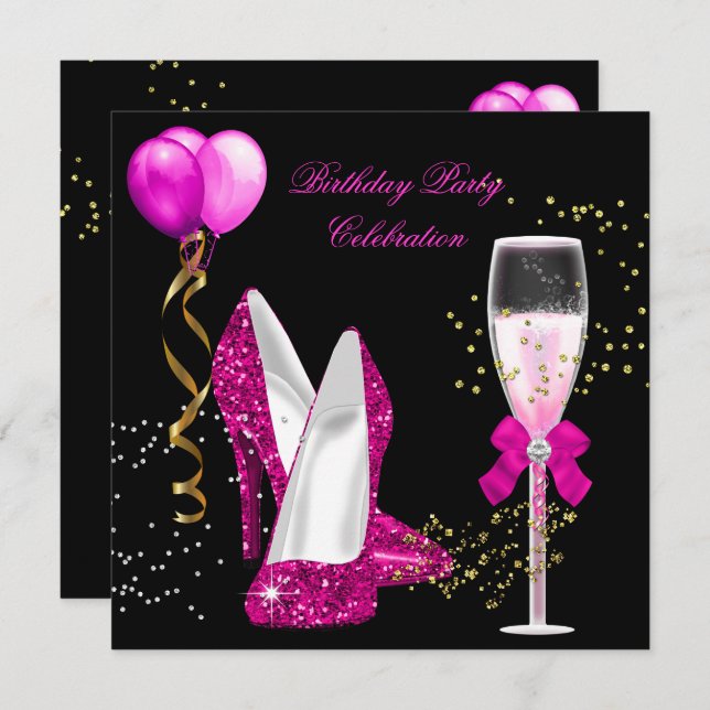 Hot Pink Gold Glitter Black Birthday Party Invitation (Front/Back)