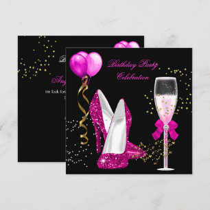 Hot Pink Gold Glitter Black Birthday Party Invitation