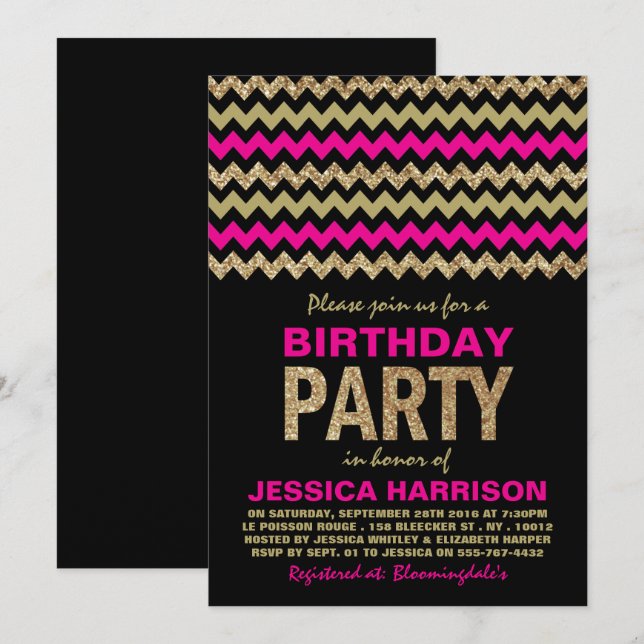 Hot Pink & Gold Glitter Chevron Birthday Party Invitation (Front/Back)