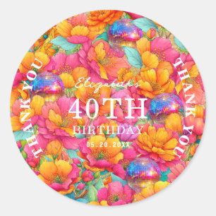 Hot Pink Gold Glitter Floral Disco Ball Thank You Classic Round Sticker