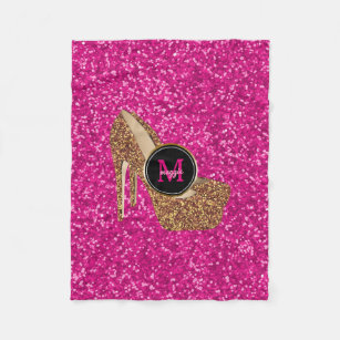 Hot Pink Gold Glitter High Heels Shoes Monogram Fleece Blanket
