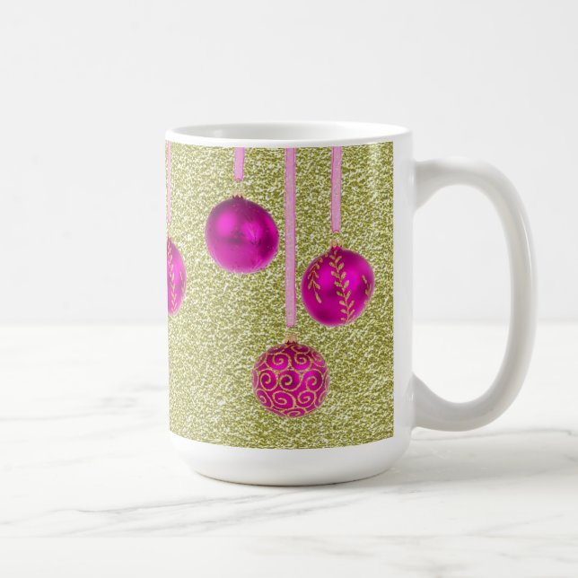 Hot Pink Gold Glitter Merry Christmas Baubles Mug (Right)