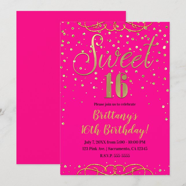 Hot Pink & Gold Glitter Modern Sweet 16 Party Invitation (Front/Back)