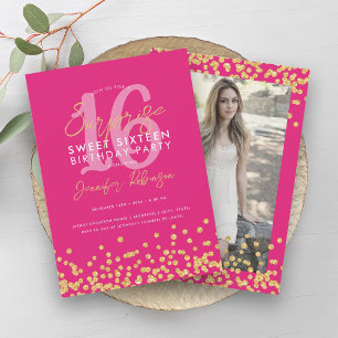 Hot Pink Gold Glitter Photo Surprise Sweet 16 Invitation