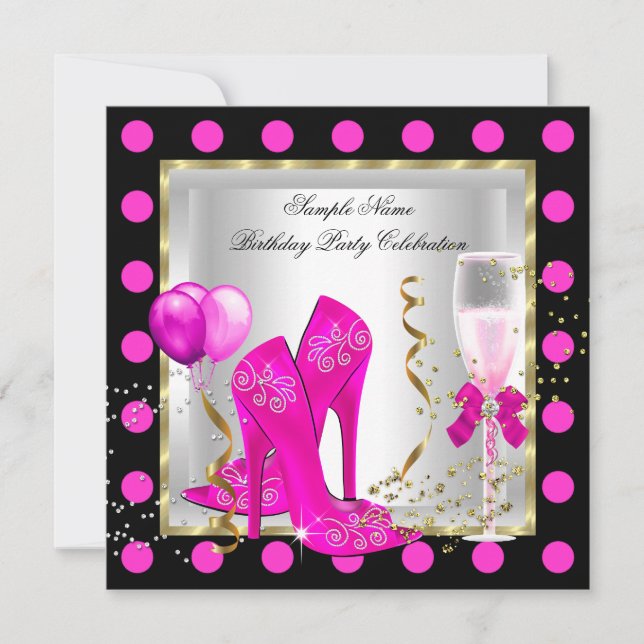 Hot Pink Gold Glitter White Spot Birthday Party Invitation (Front)