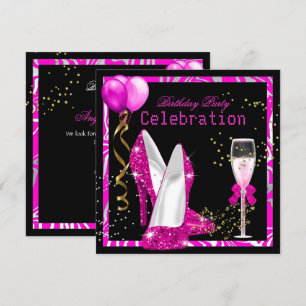 Hot Pink Gold Glitter Zebra Black Birthday Party Invitation