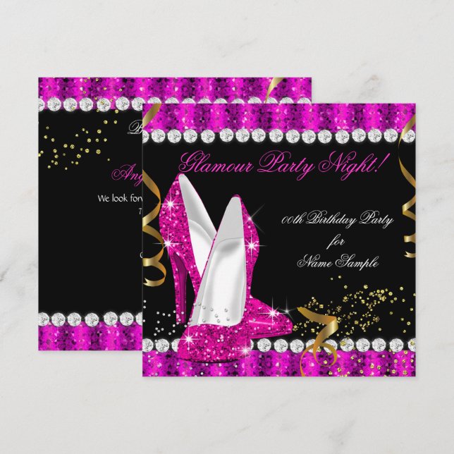 Hot Pink Gold Heels Glitter Glamour Party Night Invitation (Front/Back)