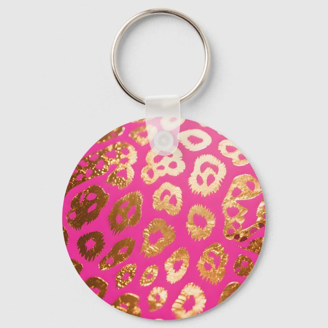 Hot Pink Gold Leopard Print Glam Key Ring (Front)