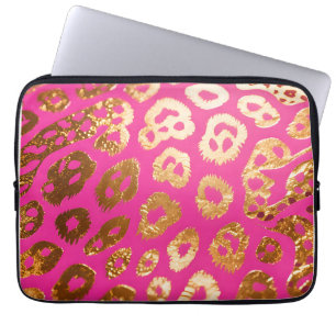Hot Pink Gold Leopard Print Glam Laptop Sleeve