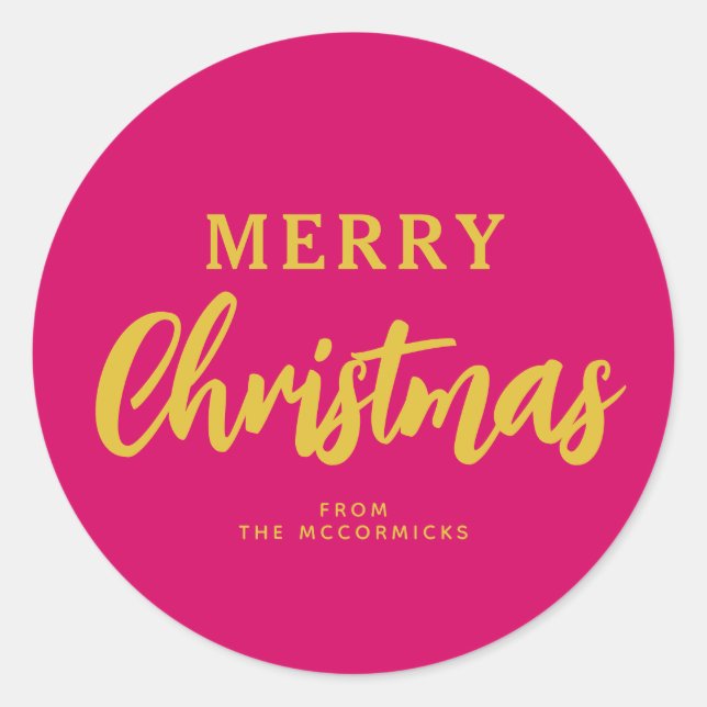 Hot Pink Gold Merry Christmas Script Custom Classic Round Sticker (Front)