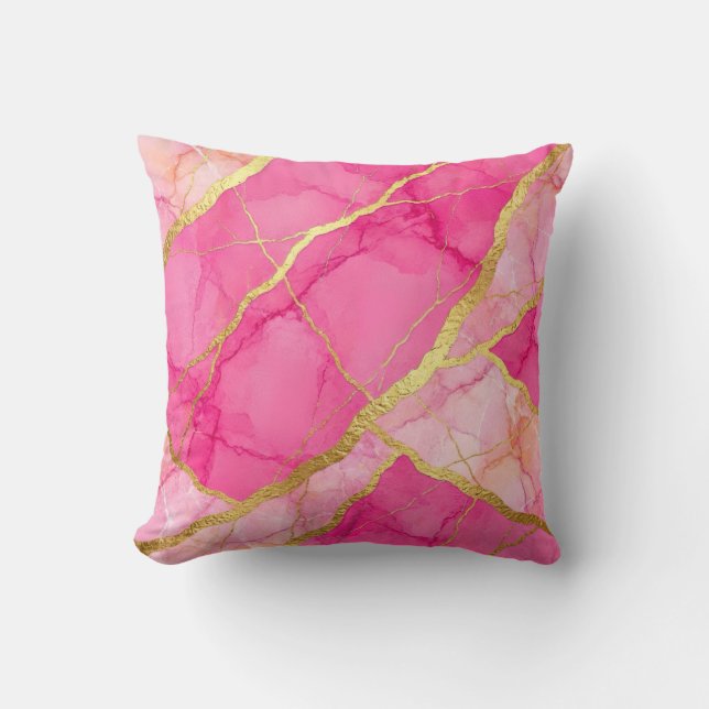 Hot Pink + Gold Modern Luxury Marble Throw Pillow (Front)