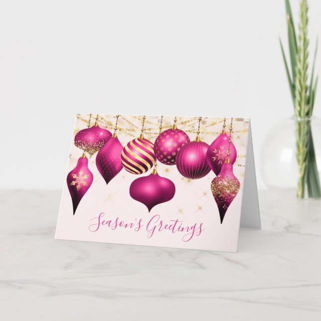 Hot Pink Gold Ornaments Business Holiday Card (Front)
