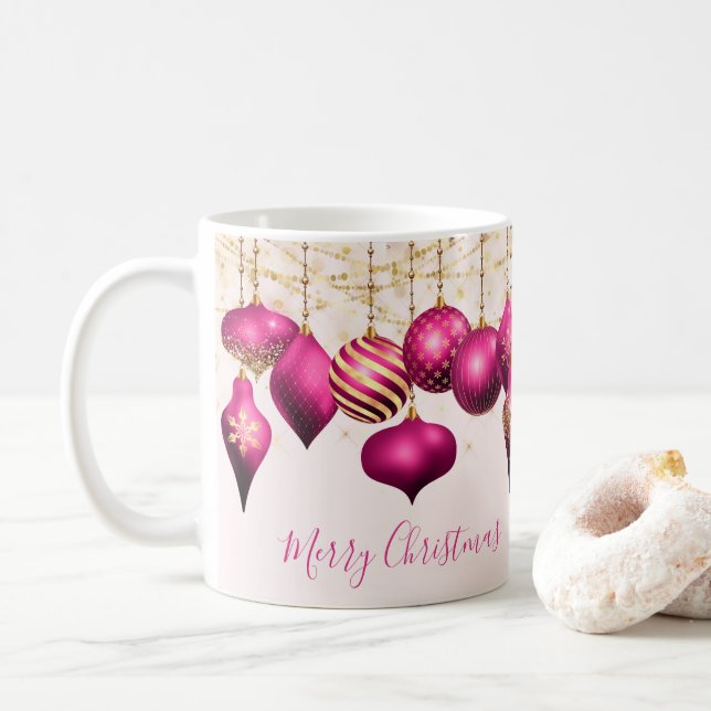 Hot Pink Gold Ornaments Merry Christmas Coffee Mug (With Donut)