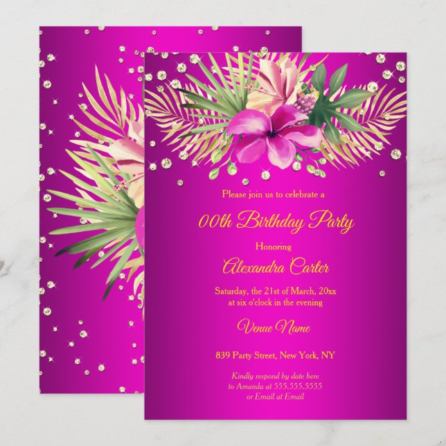 Hot pink gold palms floral Birthday Party Invitation (Front/Back)