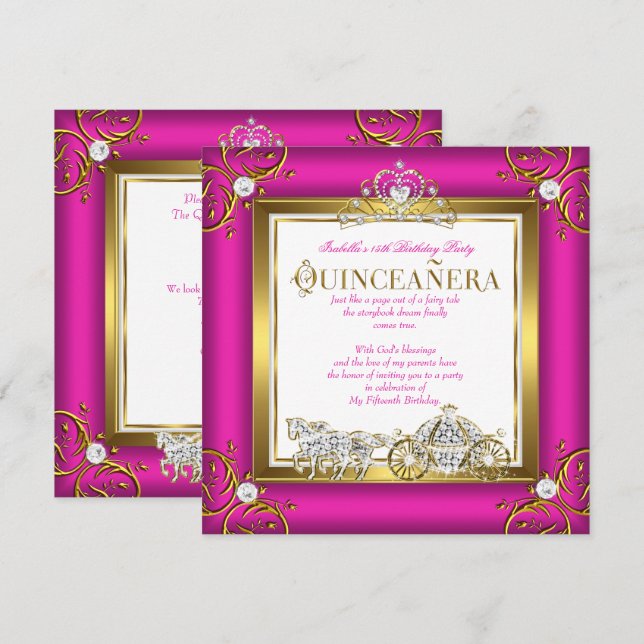 Hot Pink Gold Princess Quinceanera 15th Birthday Invitation (Front/Back)