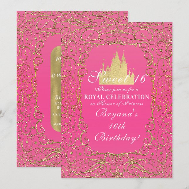 Hot Pink & Gold Royal Castle Princess Sweet 16 Invitation (Front/Back)